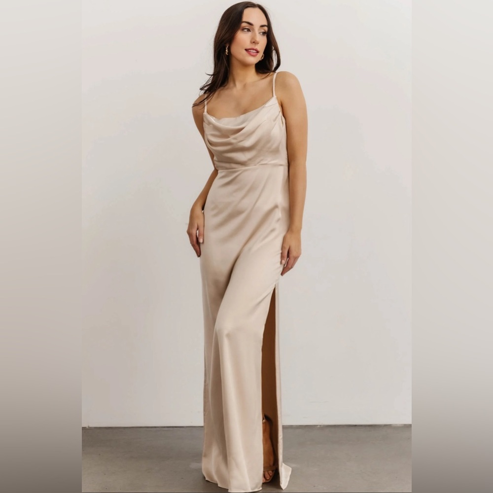 Satin Gown Champagne with Slit Sydney Baltic Born Maxi Silk Dress Size Small